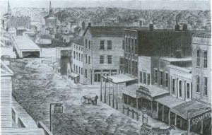 This drawing of Rockford in 1855 illustrates that it was thriving, with a well-established business district, churches, and numerous houses.