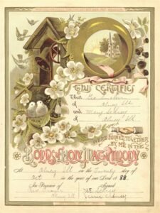 1888 Marriage Ceritifcate of George Smelser and Mary Schrey of Olney, Illinois.